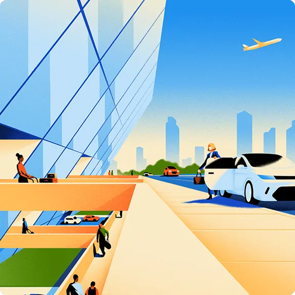 Illustration of a traveler entering a car outside a modern building